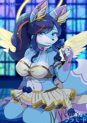  accessory alternative_fashion anthro armwear blue_body blue_eyes blue_fur blue_hair bottomwear bra bracelet breasts bridal_gauntlets canid canine choker cleavage clothed clothing digital_drawing_(artwork) digital_media_(artwork) ero_lolita feathered_wings feathers female flower fox fur garter hair half-closed_eyes halo hi_res holding_flower holding_object inside j-fashion jewelry kemono kemoribbon kneeling lolita_(fashion) looking_at_viewer lucky_(sylvie) magical_girl_outfit mammal narrowed_eyes navel necklace on_ground plant skirt smile solo underwear white_body white_fur window wings 