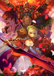  3boys abs aestus_estus ahoge angry arms_up black_sclera blonde_hair breasts caligula_(fate) chest_harness cleavage colored_sclera colosseum dress epaulettes fate/extra fate/grand_order fate_(series) female flower gaius_julius_caesar_(fate) green_eyes hair_intakes harness highres holding holding_sword holding_weapon laurel_crown leotard looking_at_viewer looking_to_the_side medium_breasts multiple_boys muscular muscular_male nero_claudius_(fate) nero_claudius_(fate/extra) okishiji_en outstretched_arms pectorals petals pixiv_fate/grand_order_contest_2 red_dress red_eyes romulus_(fate) rose see-through short_hair smile sword underpec weapon 