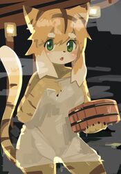  4_fingers anthro black_stripes blonde_hair blush breasts cygames eyebrows eyelashes felid female female_anthro fingers fur green_eyes hair hi_res kemono lamp lantern long_hair looking_at_viewer mammal mia_(world_flipper) open_mouth pantherine solo steam striped_body striped_fur stripes tiger towel towel_only wet world_flipper yatosuke yellow_body yellow_fur 