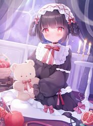  animal_with_heterochromia basket belt_collar black_dress black_footwear black_hair blunt_bangs blush bow braid braided_hair_rings candle candlestand collar commentary curtains dated dress female food fruit fruit_basket full_body full_moon gothic_lolita hair_ribbon hair_rings hairband heterochromia highres indoors lens_flare lolita_fashion long_sleeves moon nail_polish night omochi_monaka original pantyhose pomegranate purple_theme red_bow red_eyes red_nails ribbon shoes short_hair signature sitting solo stuffed_animal stuffed_toy teddy_bear toy_with_heterochromia trapeze_dress wariza white_pantyhose window wing_collar 