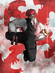  1boy absurdres black_pants cross dynamic_pose fighting_stance formal glasses glowing highres kekkai_sensen klaus_von_reinhertz male_focus muscular muscular_male mutton_chops necktie pants ponkotsu_(pixiv11249778) red_hair shoes short_hair sideburns solo thick_eyebrows tusks vest 