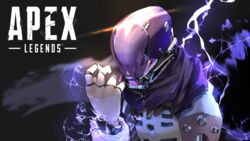  absurdres apex_legends armor black_background black_scarf copyright_name electricity female gloves helmet highres holding_own_arm lens_flare logo official_alternate_costume reborns scarf solo voidwalker_wraith white_gloves wraith_(apex_legends) 