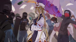  2020 6+others blonde_hair body_armor english_text female hat helmet highres hood hood_up hoodie long_hair mask mob_cap mouth_mask multiple_others naufaldreamer parasol police police_uniform riot_shield rioting surgical_mask swat tabard touhou umbrella uniform yakumo_yukari 