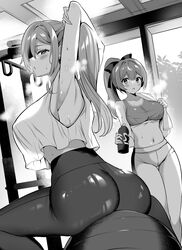  2girls arm_up armpits ass ball blush bottle breasts ceiling collarbone commentary_request exercise_ball greyscale hair_ribbon highres holding holding_bottle indoors large_breasts long_hair monochrome multiple_girls navel original pants parted_lips ponytail ribbon sanshoku_amido sitting_on_ball sports_bra taut_clothes taut_pants towel window yoga_pants 