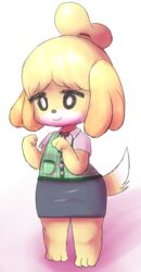  animal_crossing anthro barefoot bottomwear bunnag canid canine canis cardigan clothed clothing digital_media_(artwork) domestic_dog feet female fully_clothed fur furgonomics hi_res isabelle_(animal_crossing) mammal monotone_bottomwear monotone_clothing monotone_skirt nintendo pencil_skirt shaded shih_tzu simple_background skirt smile solo standing tail tail_through_skirt thick_calves toy_dog yellow_body yellow_fur 