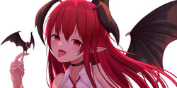  adapted_costume bare_shoulders bat_(animal) bat_wings black_choker choker female fingernails hair_between_eyes hand_up head_wings ju-ok koakuma light_blush long_fingernails long_hair looking_at_viewer nail_polish necktie open_mouth pointy_ears red_eyes red_hair red_necktie sharp_fingernails simple_background slit_pupils solo tongue tongue_out touhou upper_body white_background wing_collar wings 