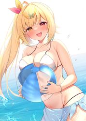  :d absurdres bad_id bad_twitter_id ball beach beachball bikini bikini_skirt blonde_hair bracelet breast_press breasts cleavage female hair_ribbon happy highres hoshikawa_sara inflatable_toy jewelry large_breasts long_hair looking_at_viewer multicolored_eyes nijisanji outdoors red_eyes ribbon side_ponytail skirt smile solo splashing suzutarou_gunsou swimsuit virtual_youtuber water wet white_bikini yellow_eyes 