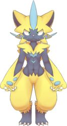  abs anthro blue_eyes bunnag digital_media_(artwork) digitigrade fangs fur generation_7_pokemon hi_res legendary_pokemon looking_at_viewer navel nintendo pokemon pokemon_(species) shaded simple_background solo standing teeth white_background yellow_body yellow_fur zeraora 