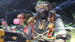  1boy absurdres apex_legends brown_eyes caustic_(apex_legends) chewing_gum chinese_commentary dark-skinned_female dark_skin death_hammer_(apex_legends) facial_mark female forehead_mark gloves green_eyes grey_gloves hair_behind_ear hair_slicked_back hammer highres holding holding_hammer holding_wrench mask official_alternate_costume ponytail prince_of_darkness_caustic problem_solver_(apex_legends) rampart_(apex_legends) reborns v-shaped_eyebrows wrench 