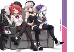  2girls aa-12 aa-12_(girls&#039;_frontline) bags_under_eyes beret black_camisole black_shorts black_skirt blue_eyes brown_pantyhose camisole candy food girls&#039;_frontline grey_hair gun hat highres ivan_wang jacket lollipop long_hair medium_hair miniskirt mp7_(girls&#039;_frontline) multiple_girls pantyhose pleated_skirt red_hair shorts shotgun skirt unworn_jacket weapon yellow_eyes 