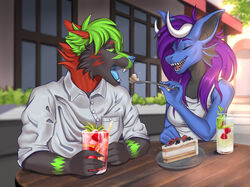  2023 akeero anthro beverage blue_body blue_nose blue_scales blue_tongue building cake canid canine cheek_fins clothing container cup dessert digital_media_(artwork) dragon dress_shirt drinking_glass duo eyebrows feeding female food fruit furniture glass glass_container glass_cup green_eyes hair hi_res horn male male/female mammal mythological_creature mythological_scalie mythology notched_ear novery open_mouth outside pink_tongue plant purple_eyebrows purple_hair robin_(akeero) romantic romantic_couple scales scalie shaded shirt strawberry table teeth tongue topwear window 