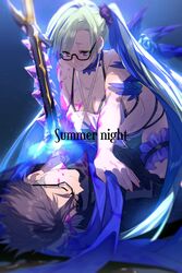  1boy bikini black_hair black_shirt blue_hair blush bracelet breasts bridal_garter brynhildr_(fate) brynhildr_(swimsuit_berserker)_(fate) brynhildr_(swimsuit_berserker)_(first_ascension)_(fate) closed_eyes couple echo_(circa) fate/grand_order fate_(series) female glasses hair_ornament hair_scrunchie jewelry legs long_hair lying on_back purple_eyes scrunchie shirt short_hair side_ponytail sigurd_(fate) sigurd_(memories_with_my_lover)_(fate) smile straight swimsuit sword very_long_hair weapon white_bikini 