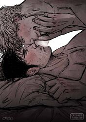  2boys bad_id bad_tumblr_id bara beard_stubble black_hair blonde_hair chest_hair commentary couple cris_art english_commentary eye_contact facial_hair from_side hand_on_another&#039;s_cheek hand_on_another&#039;s_face hulkling imminent_kiss intertwined_hair long_sideburns looking_at_another lying male_focus marvel multiple_boys mustache_stubble noses_touching nude on_back on_bed pectorals short_hair sideburns spot_color stubble sweat thick_eyebrows upper_body very_sweaty wiccan yaoi 