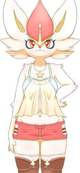  anthro bottomwear bow_shorts bunnag cinderace clothed clothing crop_top digital_media_(artwork) female fully_clothed fur generation_8_pokemon hand_on_hip legwear looking_at_viewer midriff navel nintendo pokemon pokemon_(species) shaded shirt shorts simple_background smile solo standing thigh_highs topwear white_background white_body white_fur 