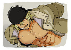  1boy abs bandana bara black_bandana blonde_hair bound bound_wrists brown_jacket collarbone cropped_torso final_fantasy final_fantasy_xiii jacket large_pectorals male_focus muscular muscular_male nabana_(bnnbnn) navel nipples open_clothes open_jacket pectoral_focus pectorals short_hair snow_villiers solo sweat upper_body 