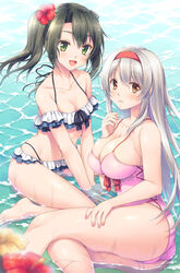  2girls alternate_costume ass beach bikini blue_bikini breasts casual_one-piece_swimsuit cleavage collarbone dark_green_hair flower frilled_bikini frills hair_between_eyes hair_flower hair_ornament hairband highres kantai_collection large_breasts long_hair minakami_nagara multiple_girls ocean one-piece_swimsuit open_mouth pink_one-piece_swimsuit ribbon shoukaku_(kancolle) sitting small_breasts smile swimsuit twintails water white_hair white_ribbon yellow_eyes zuikaku_(kancolle) 