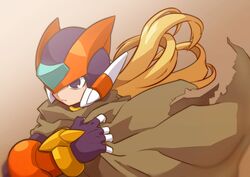  1boy android bad_id bad_twitter_id black_eyes blonde_hair brown_background cloak gradient_background helmet highres long_hair male_focus mega_man_(series) mega_man_zero_(series) mega_man_zero_2 omeehayo simple_background solo upper_body zero(z)_(mega_man) zero_(mega_man) 