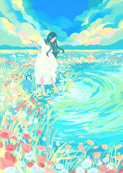  baby_penguin bad_id bad_pixiv_id bare_legs barefoot bird black_hair blue_sky closed_eyes cloud day dress emperor_penguin female flower highres long_hair original outdoors penguin pink_flower red_flower ripples short_sleeves sky solo standing tabi_(tabisumika) water white_dress white_flower wide_shot 