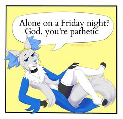  4_toes accessory alone_on_a_friday_night_(meme) anthro blue_eyes clothing collar countershade_face countershading crossed_legs delphox dialogue_box feet femboy generation_6_pokemon grey_tail headband hi_res inner_ear_fluff leech_void legwear looking_at_viewer male meme nintendo pokemon pokemon_(species) reclining rune_(~hey_yo~) smug solo stockings tail toes tuft 