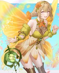  :d ai_tkkm blonde_hair breasts cleavage detached_sleeves dress fairy fairy_wings female fire_emblem fire_emblem_heroes flower hair_between_eyes hair_flower hair_ornament hairband highres large_breasts looking_at_viewer open_mouth peony_(fire_emblem) pointy_ears purple_eyes rainbow see-through see-through_cleavage sidelocks sleeve_cuffs smile solo thighhighs wings 