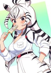  animal_ears animal_print black_hair blush brown_eyes chapman&#039;s_zebra_(kemono_friends) collared_shirt commentary_request eating expressionless female food hand_in_pocket high-waist_shorts highres kamuraaa_615 kemono_friends long_hair looking_at_viewer multicolored_hair popsicle shirt short_sleeves shorts solo striped_hair two-tone_hair white_hair white_shirt white_shorts zebra_ears zebra_girl zebra_print 