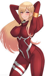  absurdres arms_behind_head arms_up artist_name blonde_hair bodysuit breasts cosplay covered_armpit covered_navel covered_nipples darling_in_the_franxx ear_piercing female highres hioyami kitagawa_marin large_breasts light_blush long_hair looking_at_viewer multicolored_hair patreon_username piercing pink_eyes pink_hair red_bodysuit simple_background smile sono_bisque_doll_wa_koi_wo_suru standing white_background zero_two_(darling_in_the_franxx) zero_two_(darling_in_the_franxx)_(cosplay) 