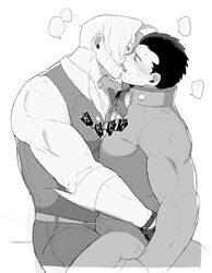  2boys bara blush breath bulge closed_eyes couple french_kiss frottage gloves greyscale hug ichimonji_batsu justice_gakuen kissing large_pectorals leg_between_thighs long_sleeves male_focus monochrome multiple_boys muscular muscular_male nabana_(bnnbnn) open_clothes parted_bangs partially_unbuttoned pectoral_cleavage pectoral_docking pectoral_press pectorals roy_bromwell short_hair sound_effects speech_bubble thick_thighs thighs yaoi 