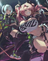  2girls anby_demara bangboo_(zenless_zone_zero) black_ribbon black_shorts black_thighhighs breasts caution_tape crop_top cutoffs green_eyes grin hair_ornament hair_ribbon hairclip headphones highres large_breasts long_hair long_sleeves micro_shorts midriff multiple_girls navel nicole_demara pink_hair ribbon shorts smile stomach strapless thighhighs thighs tube_top two_side_up white_hair wonchun zenless_zone_zero 