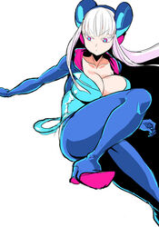  blue_dress blue_eyes bodysuit breasts cleavage closed_mouth collarbone dress electro_emilia female headgear helmet high_heels ken_(koala) large_breasts leg_up long_hair long_sleeves original pale_skin shiny_clothes short_dress skin_tight solo white_hair 