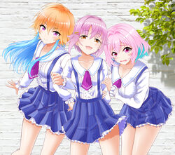  3girls :3 arm_grab arms_behind_back blue_hair blush branch breasts brown_eyes collarbone commentary_request cosplay cowboy_shot eva_16-gouki frilled_shirt frilled_skirt frilled_sleeves frills hair_between_eyes hair_extensions hair_intakes hair_ornament hairclip half-closed_eyes highres idolmaster idolmaster_cinderella_girls idolmaster_cinderella_girls_starlight_stage koshimizu_sachiko koshimizu_sachiko_(cosplay) large_breasts leaning_forward locked_arms long_sleeves looking_at_viewer medium_breasts multicolored_hair multiple_girls necktie ninomiya_asuka oerba_yun_fang open_mouth orange_hair photoshop_(medium) pink_eyes pink_hair purple_eyes purple_hair purple_necktie purple_skirt sailor_collar shadow shirt short_hair sidelocks skin_fang skirt smile striped_clothes striped_skirt suspender_skirt suspenders tearing_up trait_connection two-tone_hair wall white_sailor_collar white_shirt yumemi_riamu 