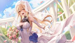  blonde_hair blue_flower blue_rose blue_sky blurry blurry_background bouquet breasts bridal_gauntlets bridal_veil bride brown_eyes cendrillon_(vocaloid) cleavage cloud commentary_request crossed_bangs day dress female flower hair_between_eyes highres holding holding_bouquet long_hair medium_breasts open_mouth outdoors pink_flower pink_rose rose sidelocks sira_(user_dswn7488) sky smile solo teeth tree upper_teeth_only usami_yuno veil virtual_youtuber wedding_dress white_bridal_gauntlets white_flower white_rose 