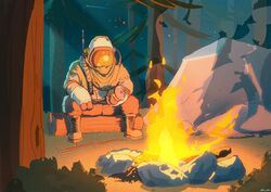  1other absurdres boots campfire can commentary english_commentary fire forest full_body gloves hatchling_(outer_wilds) helmet highres holding holding_can log nature night odity_odes outdoors outer_wilds patchwork_clothes rock sitting sky space_helmet spacesuit stick tree 