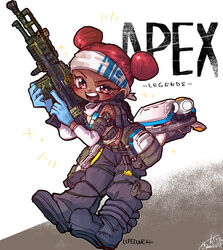  absurdres animification apex_legends black_pants blue_gloves brown_tank_top cargo_pants chibi d.o.c._health_drone dark-skinned_female dark_skin double_bun female gloves gun hair_bun highres holding holding_gun holding_weapon lifeline_(apex_legends) light_machine_gun m600_spitfire navel open_mouth pants red_hair robot solo splinter_fish59 tank_top trigger_discipline v-shaped_eyebrows weapon white_headwear 