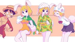  absurd_res anthro asian_clothing blonde_hair bottomwear cape carrot carrot_(one_piece) clothed clothing dress east_asian_clothing female food group hair hat headgear headwear hi_res human japanese_clothing kimono lagomorph leporid male mammal minkmen_(one_piece) monkey_d._luffy no_underwear one_piece orange_clothing orange_dress plant purple_bottomwear purple_clothing purple_skirt rabbit sideless_clothing sideless_dress skirt starbirbz vegetable 