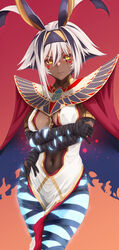  animal_ears ankh antenna_hair armlet bandages belly_chain black_bandages black_hair blush bracelet bracer breasts cape center_opening colored_inner_hair dark-skinned_female dark_skin dress earrings eyeliner facepaint facial_mark fate/grand_order fate_(series) female glowing_skin gold_trim hairband highres hoop_earrings jackal_ears jewelry looking_at_viewer makeup medium_breasts multicolored_hair navel nitocris_(fate) nitocris_alter_(fate) nitocris_alter_(second_ascension)_(fate) pelvic_curtain red_background red_cape short_hair sidelocks solo streaked_hair thighlet thighs usekh_collar white_dress white_hair yamaneko_(tkdrumsco) yellow_eyes 