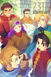  5boys bandana black_hair brown_eyes brown_hair cleo_(suikoden) closed_mouth echo_(circa) female gensou_suikoden gensou_suikoden_i gloves gremio_(suikoden) male_focus multiple_boys open_mouth pahn_(suikoden) scar scarf short_hair smile ted_(suikoden) teo_mcdohl tir_mcdohl 