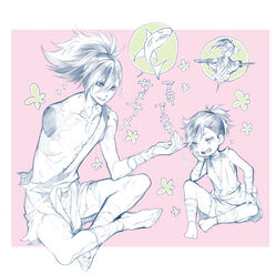  1boy arm_wrap bad_feet barefoot dororo_(character) dororo_(tezuka) female hair_between_eyes hyakkimaru_(dororo) leg_wrap long_hair open_mouth pink_background ponytail scar scar_on_chest scar_on_leg shiranui_(dororo) sitting spoken_animal spoken_character sugahara_ryuu torn 