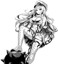  azur_lane bare_shoulders boots breasts chains commentary cross-laced_footwear dress female fur_trim gloves greyscale hat high_heel_boots high_heels highres hori_(hori_no_su) lace-up_boots large_breasts long_hair looking_down military_hat mole mole_on_breast monochrome multicolored_hair parted_bangs short_dress smile spikes stepping streaked_hair tallinn_(azur_lane) 