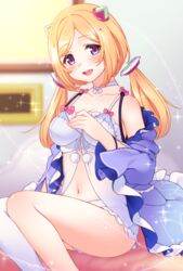  ahoge aki_rosenthal aki_rosenthal_(sleepwear) babydoll bare_shoulders blonde_hair blurry blurry_background blush bob_cut breasts cleavage detached_hair female frills hair_ornament headgear hololive indoors lingerie lio_(tsukuyomi-tei) long_hair long_sleeves looking_at_viewer low_twintails medium_breasts navel off_shoulder official_alternate_costume on_bed open_mouth parted_bangs pom_pom_(clothes) purple_eyes see-through short_hair smile solo twintails underwear virtual_youtuber 