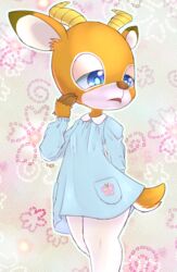  abstract_background animal_crossing antelope anthro beau_(animal_crossing) blue_eyes bovid bunnag clothed clothing digital_media_(artwork) embarrassed femboy hand_behind_back hi_res hooves horn kindergarten_uniform male mammal nintendo shaded simple_background solo standing young young_anthro 