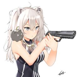  ahoge aiming animal_ears black_nails black_shirt breasts cleavage ear_piercing female fingernails grey_eyes grey_hair gun h&amp;k_hk45 hair_between_eyes handgun holding holding_gun holding_weapon hololive impossible_clothes impossible_shirt jewelry large_breasts lion_ears long_hair looking_away mocacoco339 nail_polish necklace piercing see-through see-through_cleavage shirt shishiro_botan shishiro_botan_(1st_costume) sideboob signature simple_background skin_tight sleeveless sleeveless_shirt solo_focus ssrb_(shishiro_botan) trigger_discipline two_side_up upper_body virtual_youtuber weapon white_background 