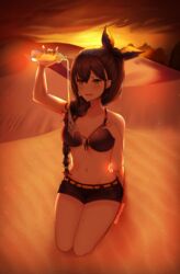  :d arm_up artist_name backlighting bad_id bad_pixiv_id bare_shoulders barefoot belt bikini bikini_top_only black_bikini black_shorts blush bottle breasts brown_hair cleavage collarbone commentary daishuquee desert dusk female front-tie_bikini_top front-tie_top full_body green_eyes groin hair_between_eyes hair_ribbon hand_on_own_chest highres large_breasts long_hair looking_at_viewer multi-tied_hair navel open_mouth orange_belt outdoors pouring pouring_onto_self re:zero_kara_hajimeru_isekai_seikatsu ribbon seiza shadow shaula_(re:zero) short_shorts shorts sidelocks sitting smile solo stomach swimsuit teeth upper_teeth_only water water_bottle wet 