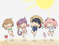  &gt;_&lt; 4girls ahoge akebono_(kancolle) akebono_kai_ni_(kancolle) akebono_kai_ni_(swimsuit_mode)_(kancolle) bandaid bandaid_on_face bell bikini bikini_skirt black_hair blue_bikini blue_one-piece_swimsuit brown_hair casual_one-piece_swimsuit check_commentary chibi closed_eyes commentary_request crab flower green_bikini hair_bobbles hair_flower hair_ornament hat jingle_bell jumping kantai_collection long_hair multiple_girls oboro_(kancolle) official_alternate_costume one-piece_swimsuit open_mouth pink_bikini pink_hair polka_dot polka_dot_one-piece_swimsuit polka_dot_swimsuit purple_hair rabbit saiguchi_otoufu sazanami_(kancolle) sazanami_(swimsuit_mode)_(kancolle) short_hair side_ponytail straw_hat sun swimsuit twintails ushio_(kancolle) ushio_(swimsuit_mode)_(kancolle) 