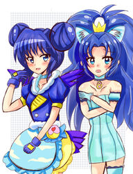  2girls aizawa_mint blue_hair commentary_request cosplay costume_switch crossover cure_gelato cure_gelato_(cosplay) kirakira_precure_a_la_mode magical_girl mew_mint mew_mint_(cosplay) multiple_girls pekesuke precure tategami_aoi tokyo_mew_mew 