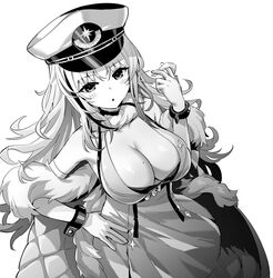  azur_lane bare_shoulders breasts choker cleavage commentary female fur_trim gloves greyscale hand_on_own_hip hat highres hori_(hori_no_su) large_breasts military_hat mole mole_on_breast monochrome multicolored_hair off_shoulder official_art parted_bangs streaked_hair tallinn_(azur_lane) 