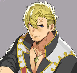  1boy bara between_pectorals blonde_hair blue_eyes curran_(dragalia_lost) dragalia_lost hair_between_eyes jewelry looking_at_viewer male_focus muscular muscular_male nabana_(bnnbnn) necklace pectoral_cleavage pectorals scar scar_on_face short_hair sleeves_rolled_up smile solo upper_body 