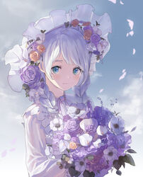  absurdres anemone_(flower) aqua_eyes bang_dream! bouquet braid calla_lily collared_dress commentary_request day dress female flower frilled_hat frills hair_flower hair_ornament hat highres holding holding_bouquet leaf light_blush light_purple_hair light_purple_ribbon long_hair long_sleeves looking_at_viewer neck_ribbon nogi_momoko orange_flower orange_rose petals photoshop_(medium) pink_flower pink_rose purple_flower purple_rose red_flower ribbon rose sky smile solo too_many_flowers twin_braids upper_body wakamiya_eve white_dress white_flower white_hair white_hat 