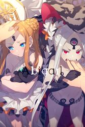  2girls abigail_williams_(fate) abigail_williams_(swimsuit_foreigner)_(fate) abigail_williams_(swimsuit_foreigner)_(first_ascension)_(fate) abigail_williams_(swimsuit_foreigner)_(second_ascension)_(fate) bare_shoulders bikini biting biting_another&#039;s_hand black_bikini black_bow black_cat blonde_hair blue_eyes blush bow braid braided_bun breasts character_name collarbone colored_skin double_bun dress_swimsuit dual_persona echo_(circa) fate/grand_order fate_(series) feline forehead hair_bun hat headpat keyhole long_hair looking_at_viewer looking_to_the_side mitre multiple_bows multiple_girls navel one-piece_swimsuit open_mouth orange_bow out_of_frame parted_bangs pov red_eyes sharp_teeth sidelocks small_breasts swimsuit teeth thighs third_eye twintails very_long_hair white_hair white_headwear white_one-piece_swimsuit white_skin 