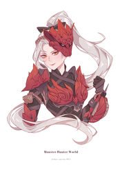  absurdres armor bodysuit english_text female highres looking_at_viewer mask mask_on_head monster_hunter:_world monster_hunter_(character) monster_hunter_(series) odogaron_(armor) ponytail shiro-hane simple_background smile solo white_background white_hair yellow_eyes 