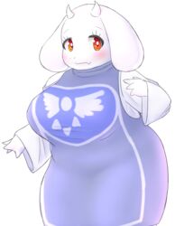  anthro big_breasts boss_monster_(undertale) bovid breasts bunnag caprine clothed clothing digital_media_(artwork) dress female fur hi_res horn looking_at_viewer mammal shaded simple_background solo standing toriel undertale undertale_(series) white_background white_body white_fur 